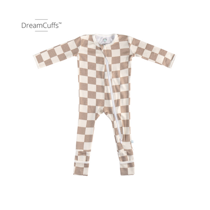Baby Bamboo Pajamas w/ DreamCuffs® - Oat Latte Checkerboard