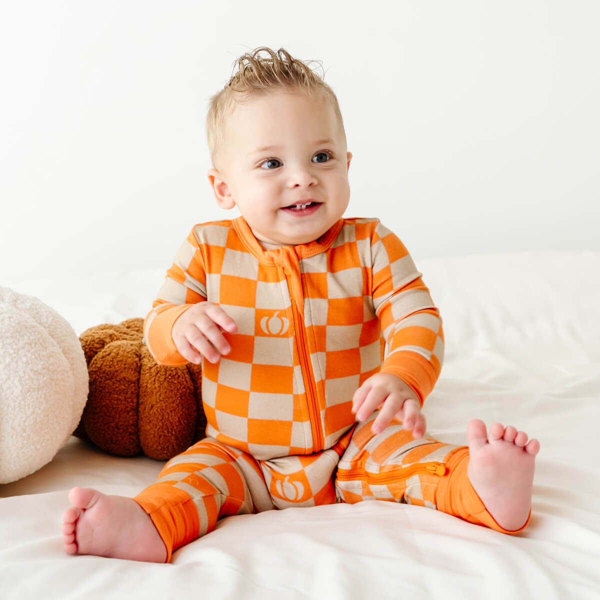 Baby Bamboo Pajamas w/ DreamCuffs® - Pumpkin Checkerboard