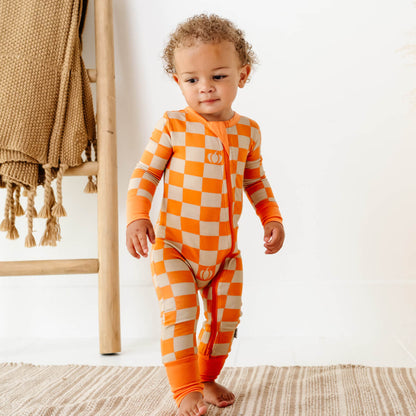 Baby Bamboo Pajamas w/ DreamCuffs® - Pumpkin Checkerboard